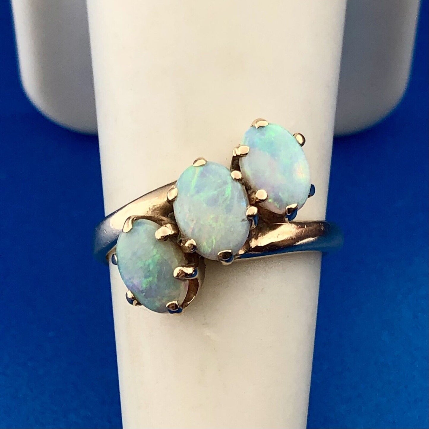 Estate 14K Yellow Gold Oval Opal Trio October Anniversary Occasion Bypass Ring
