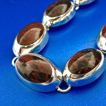 Taxco Mexico 925 Sterling Silver Oval Mahogany Obsidian Cabochon Panel Bracelet