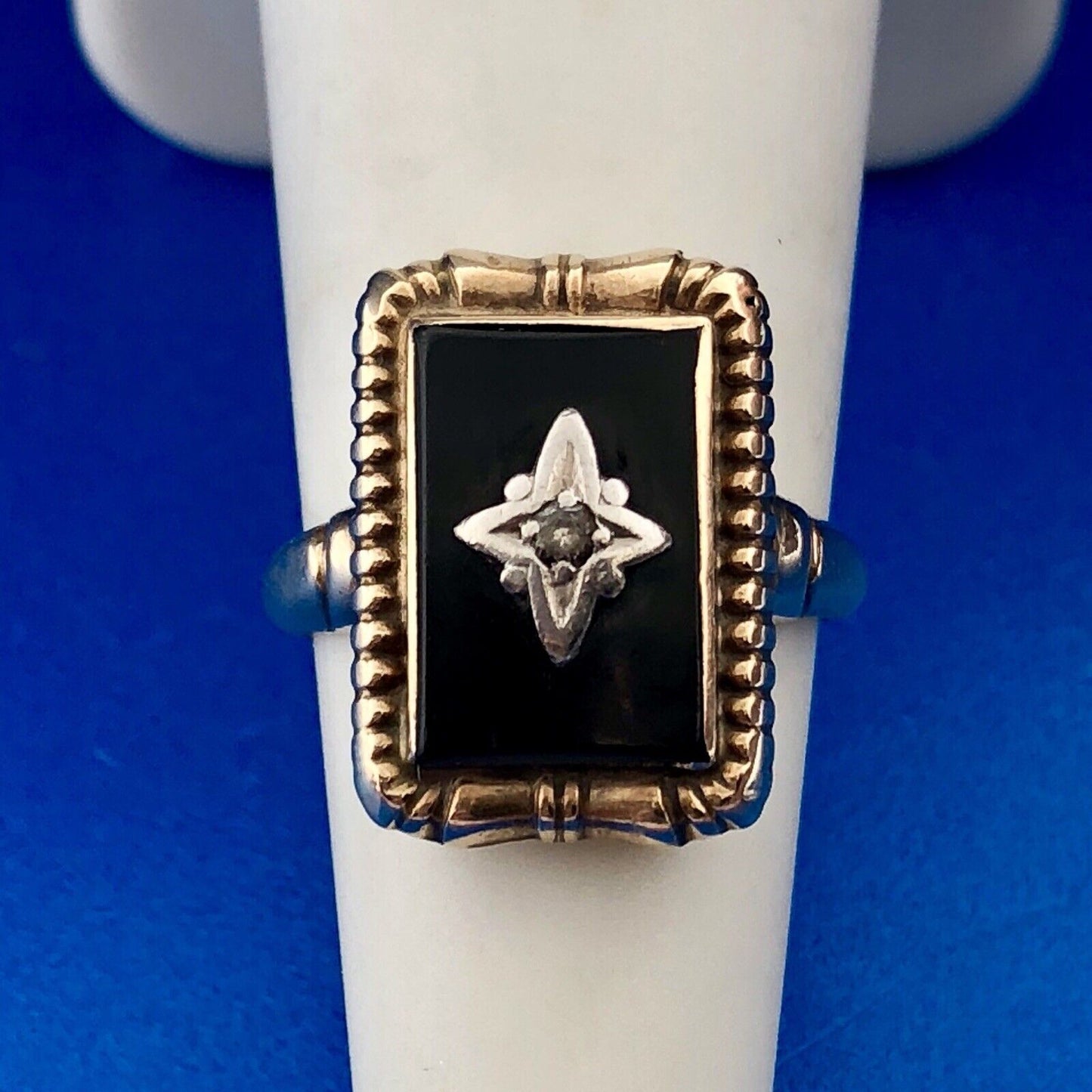 Art Deco Art Nouveau 10K Yellow White Gold Black Onyx Diamond Cocktail Ring