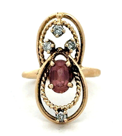 Vintage 14K Yellow Gold Oval Purple Amethyst Diamond Art Deco Ring