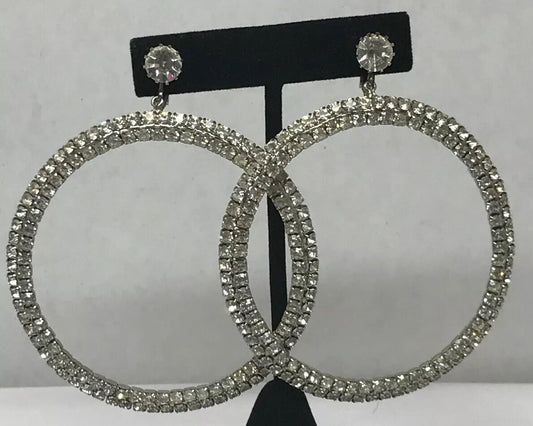 Haute Couture Runway Silver Tone Bezel Set Rhinestone Statement Hoop Earrings