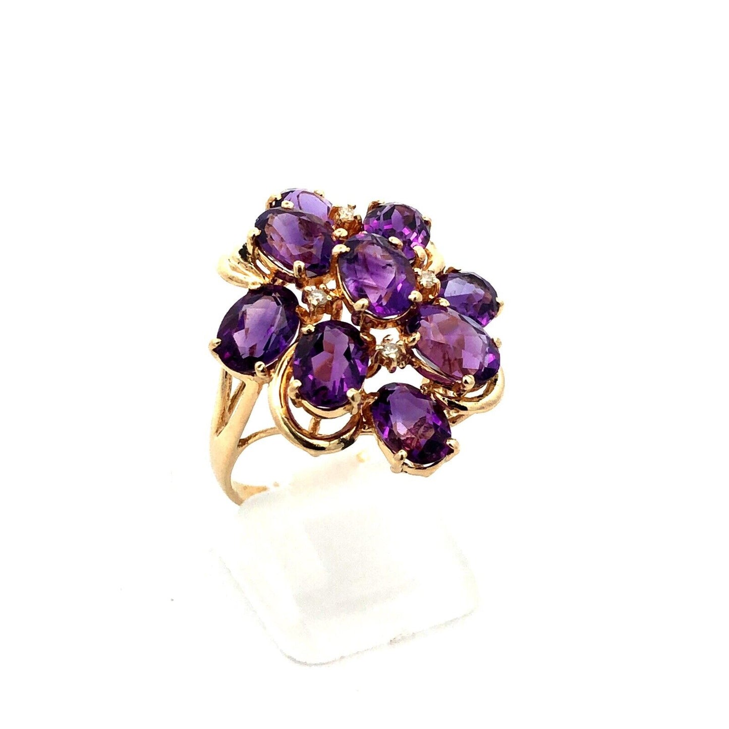 Designer 14K Yellow Gold Lab Created Oval Amethyst Diamond Cluster Cocktail Ring