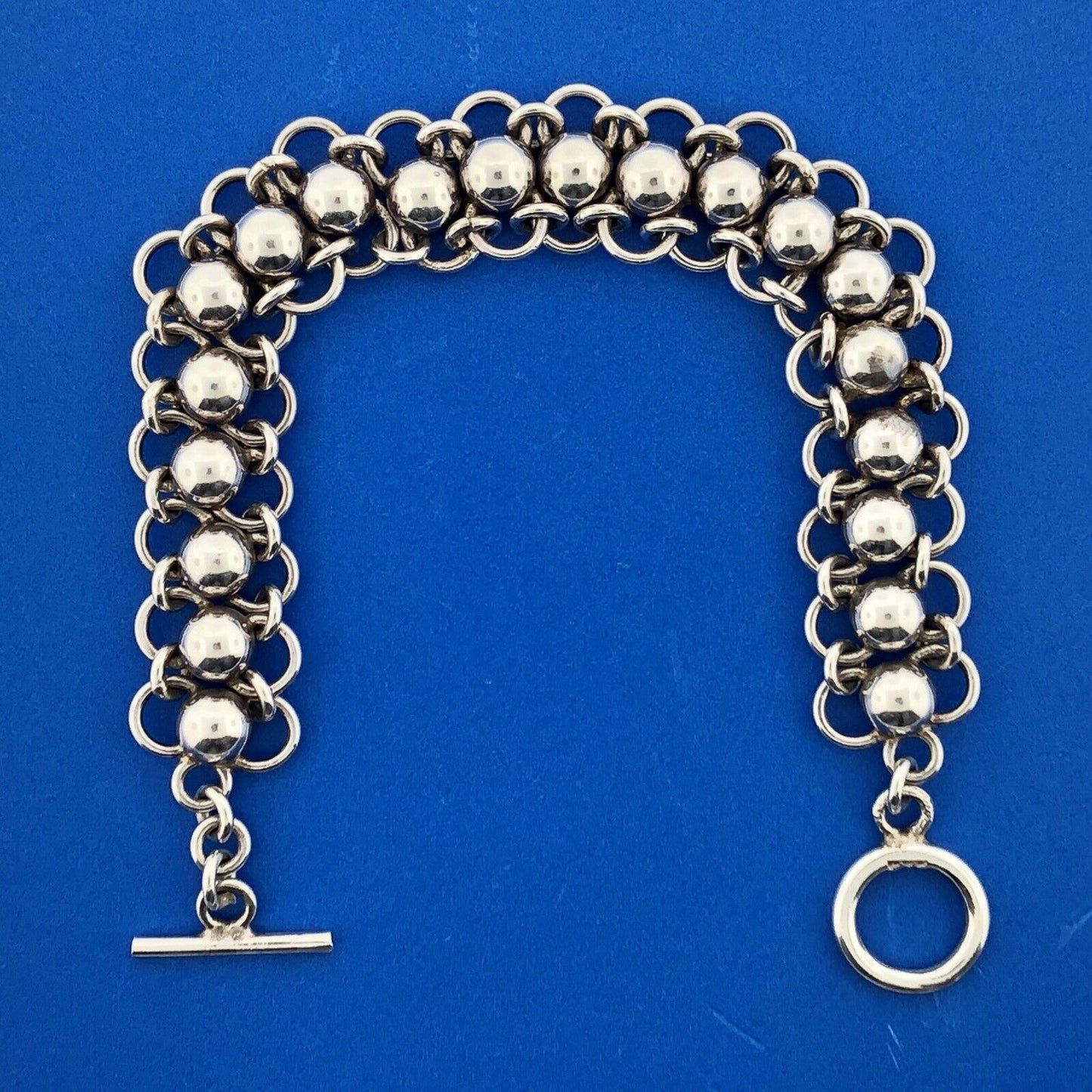 Vintage Sterling Silver 925 Bead Ball Open Work Statement Toggle Bracelet