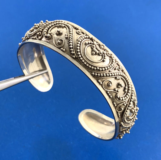 Designer 925 Sterling Silver Balinese Bead And Scroll Work Open Cuff Bracelet