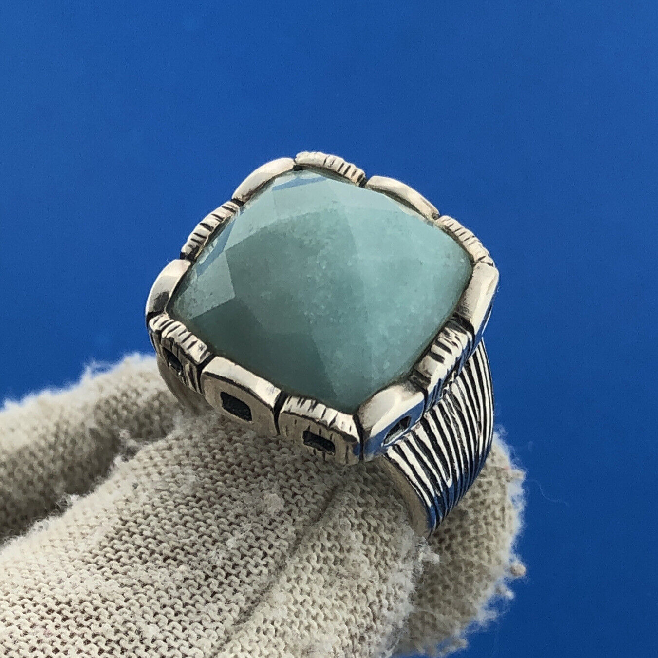 Designer RE Sterling Silver 925 Faceted Blue Aventurine Dome Cocktail Ring