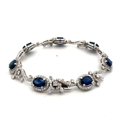Designer K 18K White Gold Oval Blue Sapphire Diamond Swirl Tennis Bracelet