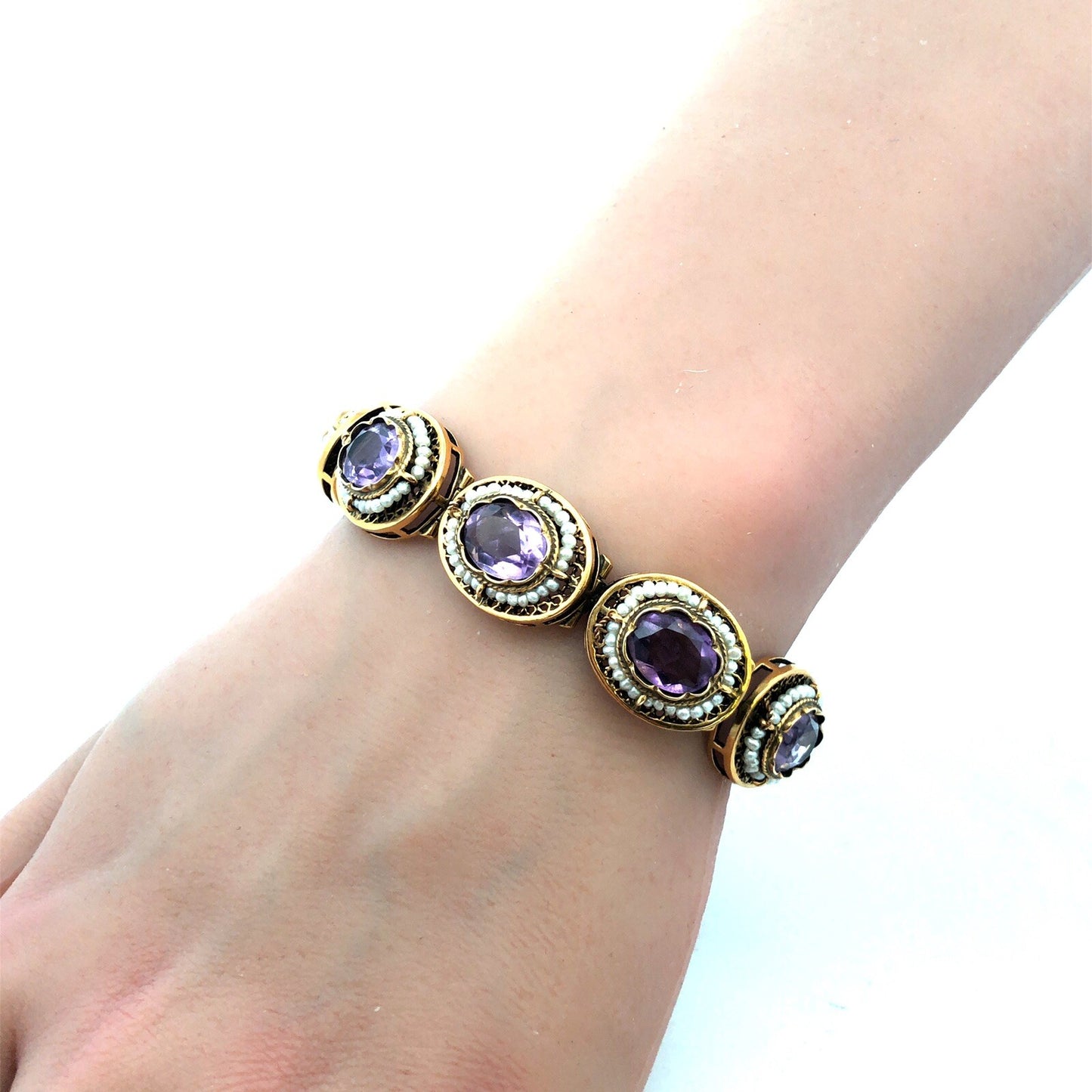 Vintage 14K Yellow Gold Oval Amethyst Seed Pearl Filigree Panel Bracelet