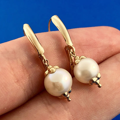 Vintage 14K Yellow Gold Pearl Wedding Birthstone Dangle French Back Earrings