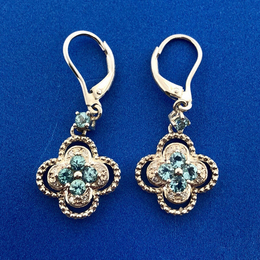 Designer Sterling Silver 925 Blue Topaz Diamond Flower Drop Dangle Earrings