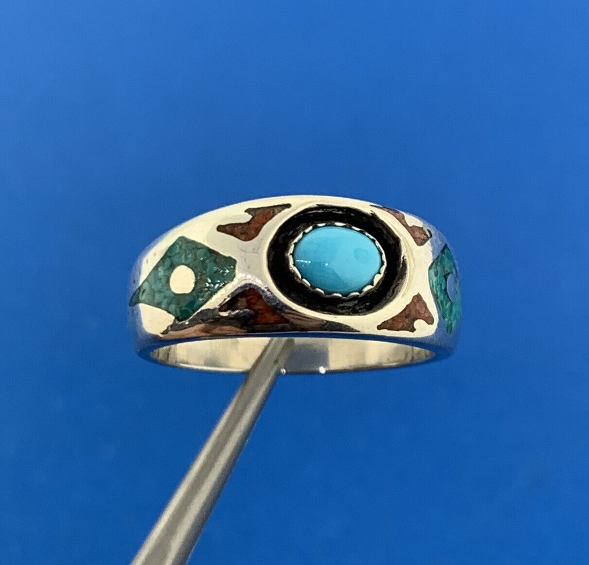 Native American T.J.W. Sterling Silver 925 Turquoise Coral Inlay Band Ring