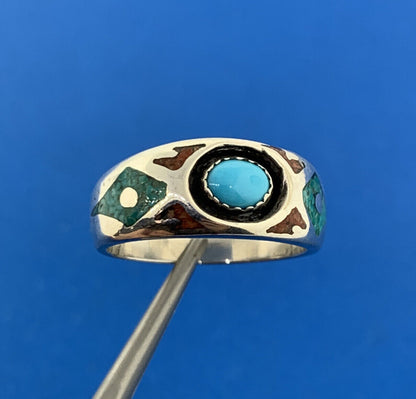 Native American T.J.W. Sterling Silver 925 Turquoise Coral Inlay Band Ring