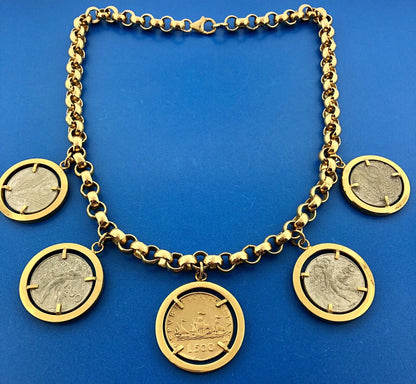 Bellezza Bronze Two Tone 500 And 50 Lira Rolo Link Statement Station Necklace
