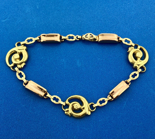Designer ESEMco Art Deco 10K Yellow Rose Gold Floral Scroll Link Bracelet