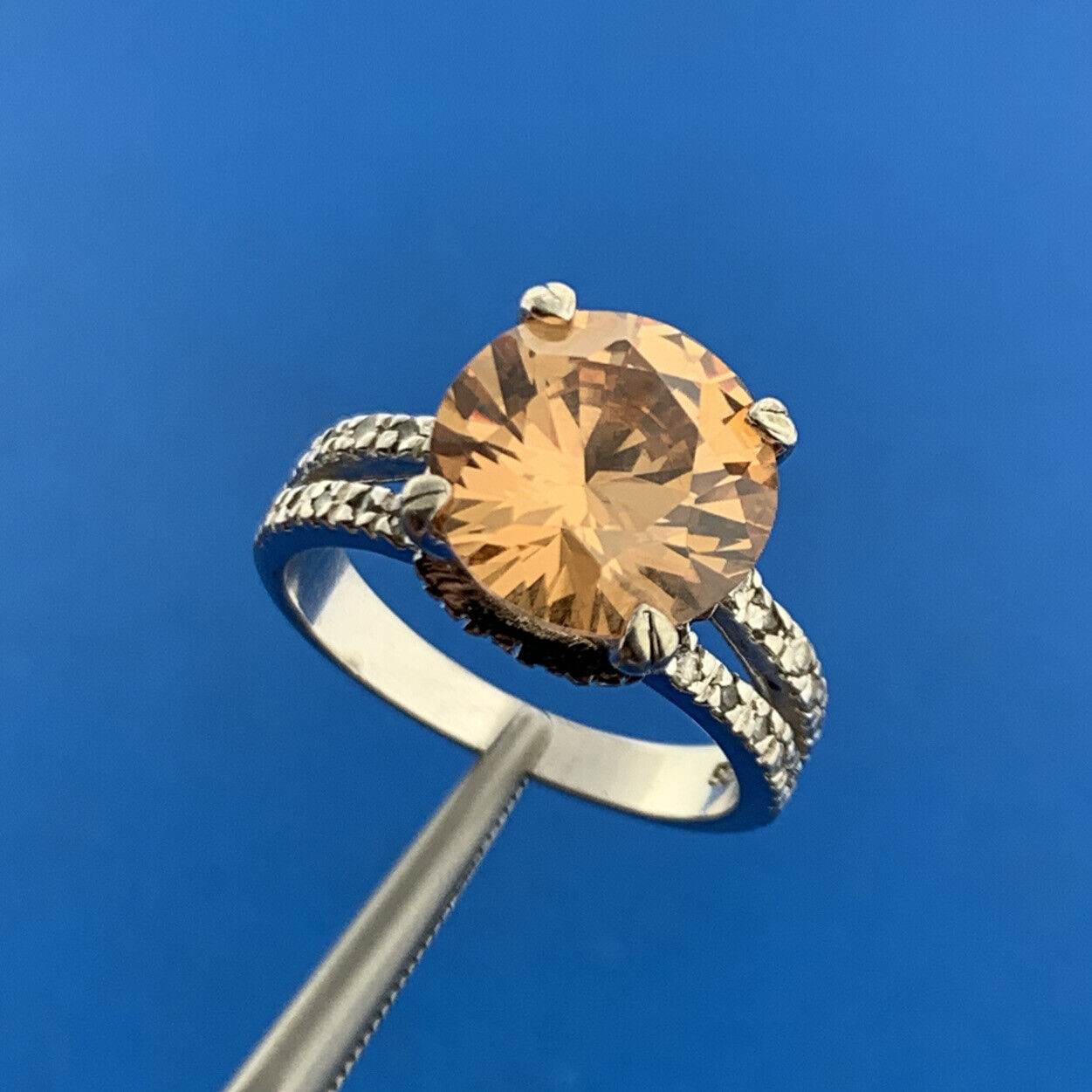 Estate Sterling Silver Orange White Cubic Zirconia CZ Statement Cocktail Ring