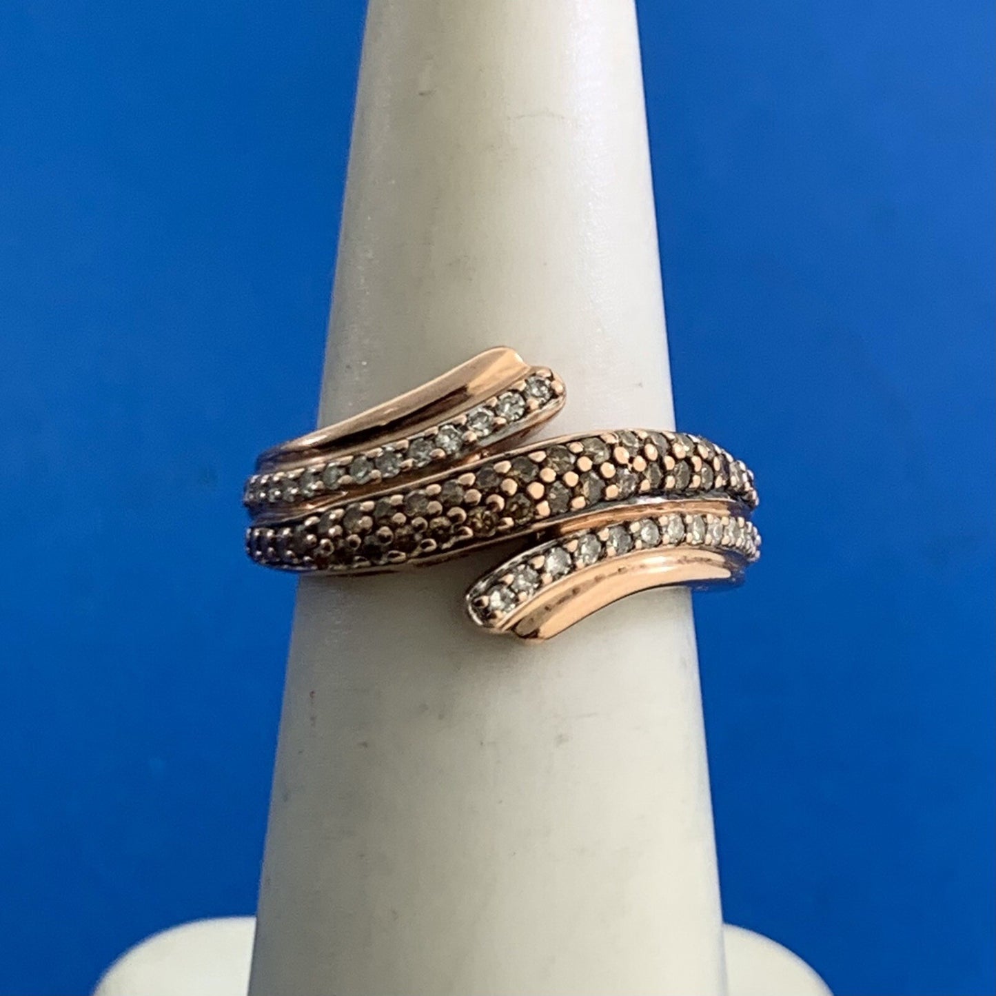 Designer 10K Rose Gold White & Chocolate Round Diamond Bypass Cocktail Band Ring