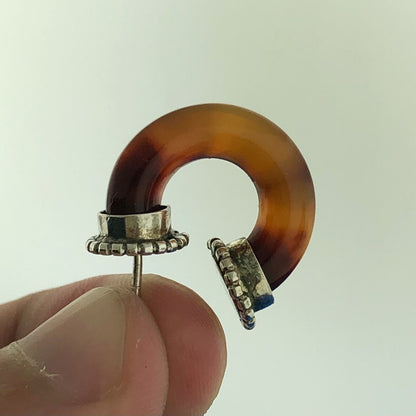 Vintage 925 Sterling Silver Amber Tube Half Hoop Stud Earrings