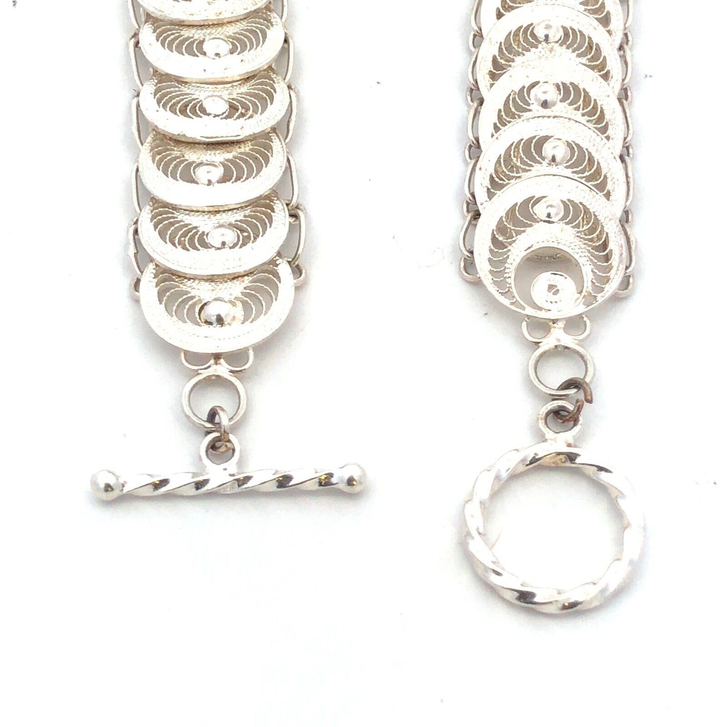 Designer 925 Sterling Silver Round Disc Panel Filigree Detail Toggle Bracelet