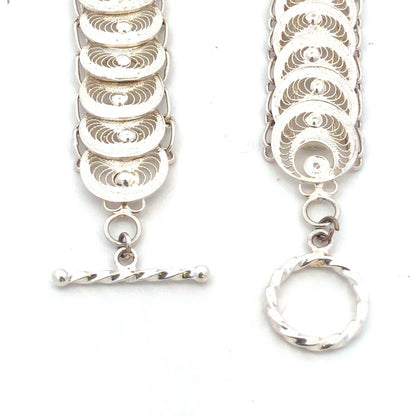 Designer 925 Sterling Silver Round Disc Panel Filigree Detail Toggle Bracelet