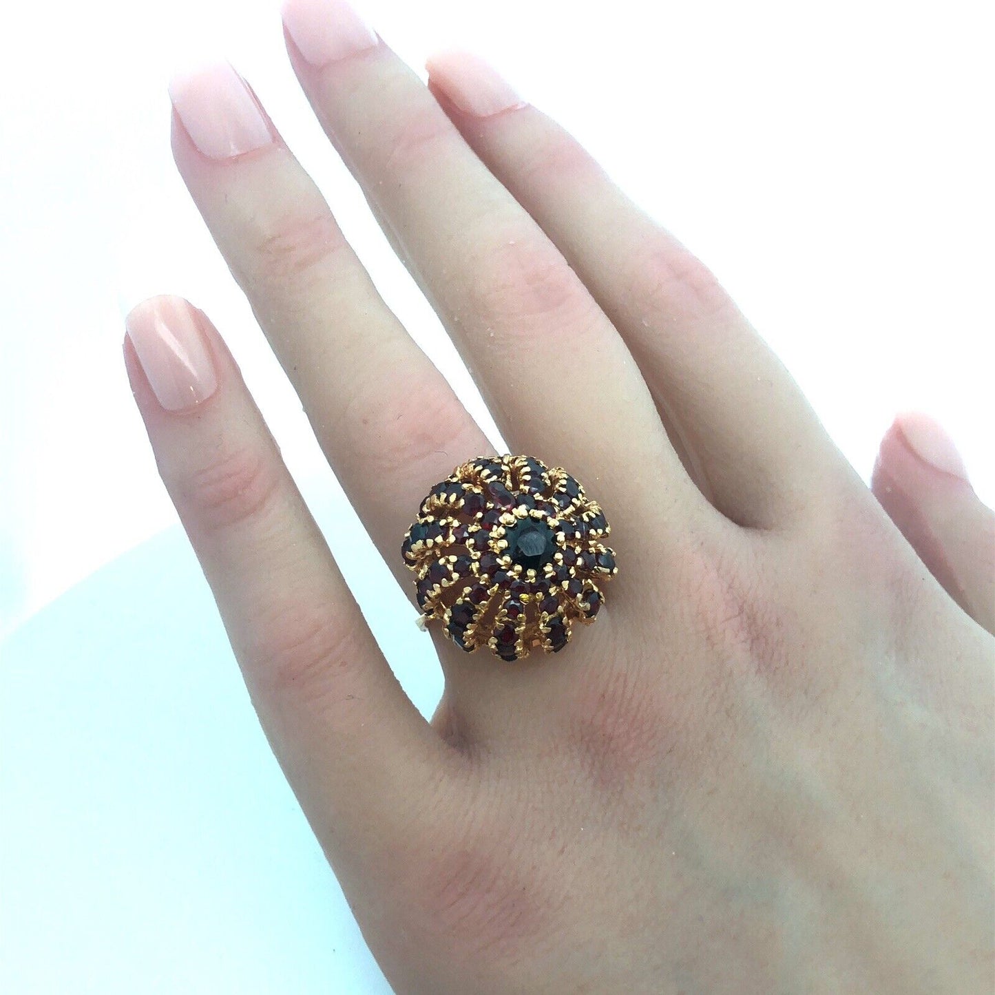 Designer 18K Yellow Gold Garnet Sea Urchin Spiral Dome Statement Cocktail Ring