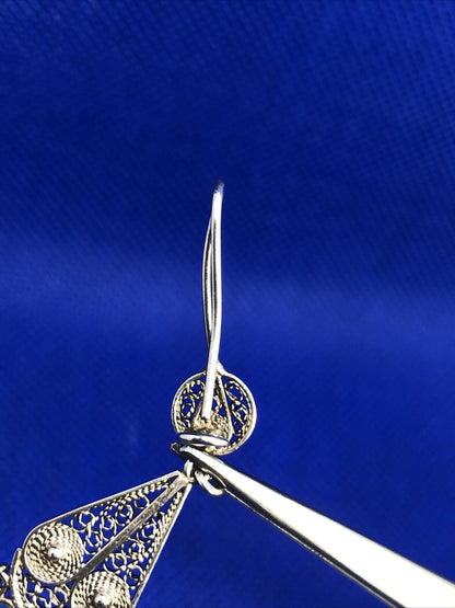 Beaded Filigree 925 Sterling Silver Dangle Drop Hook Earrings