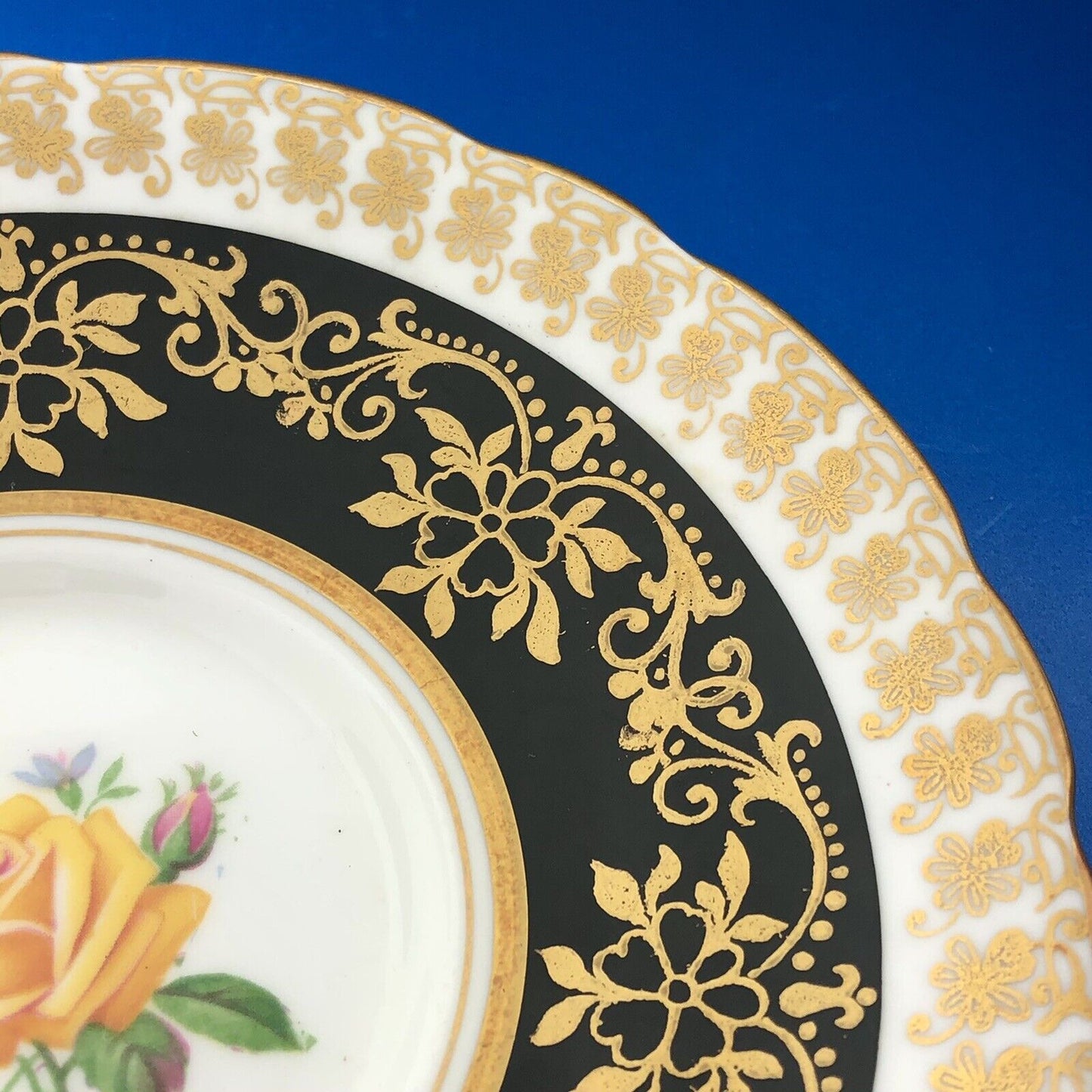 Royal Stafford English Bone China Yellow Rose Black Gold Floral Tea Cup/Saucer