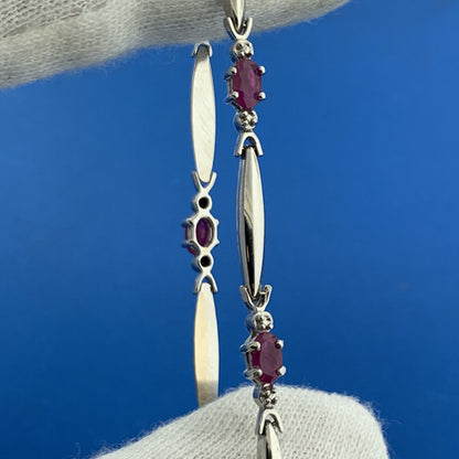Designer 10K White Gold Oval Cut Ruby Diamond Accent Panel Link Chain Bracelet