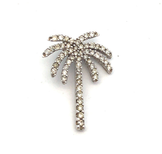 10K White Gold Round Designer SK Diamond Pave Palm Tree Beach Pendant