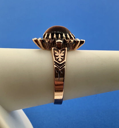 Art Deco Art Nouveau 10K Rose Gold Tigers Eye Seed Pearl Cocktail Ring