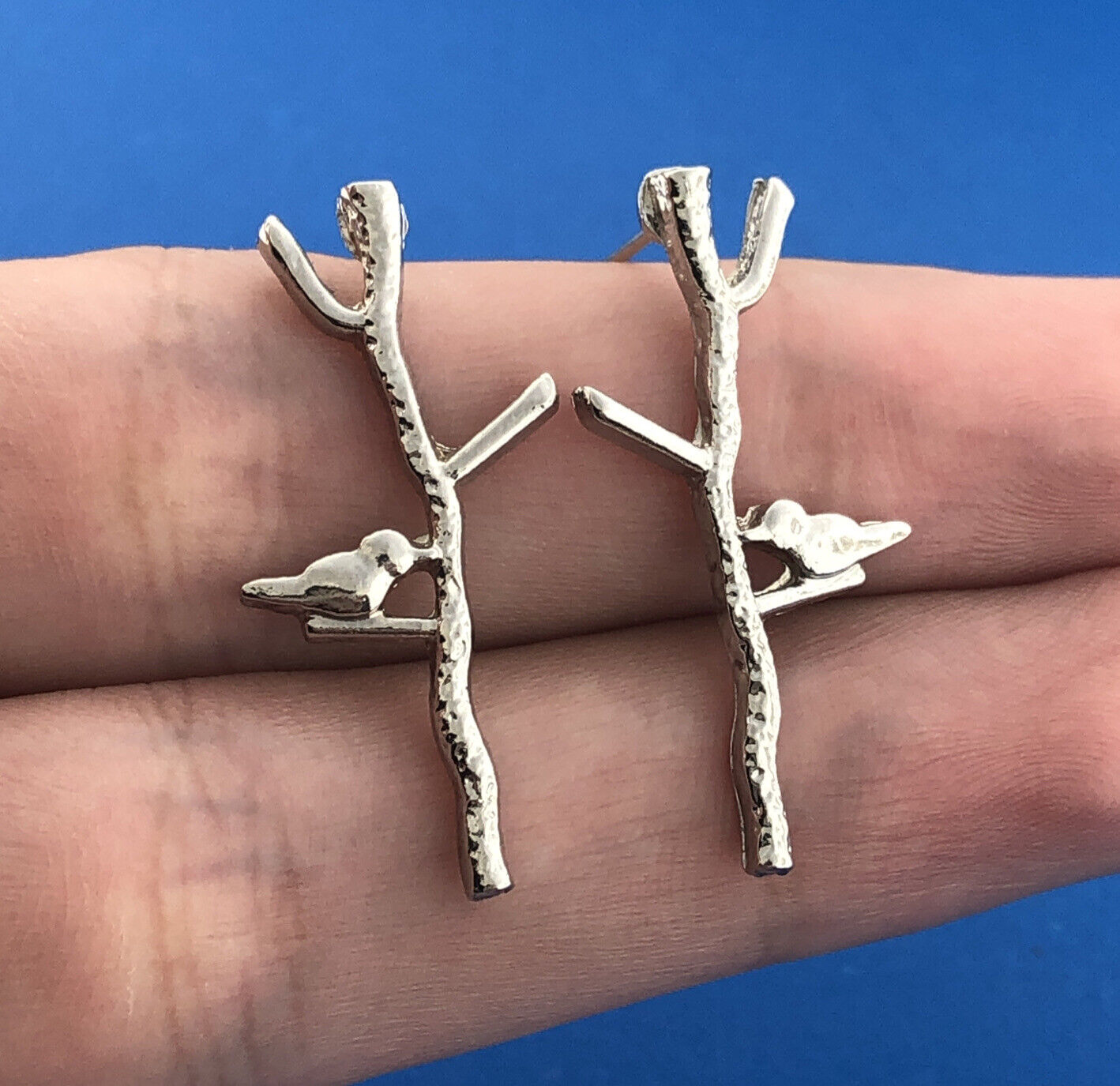 Stunning Sterling Silver 925 Perched Bird Tree Stud Earrings