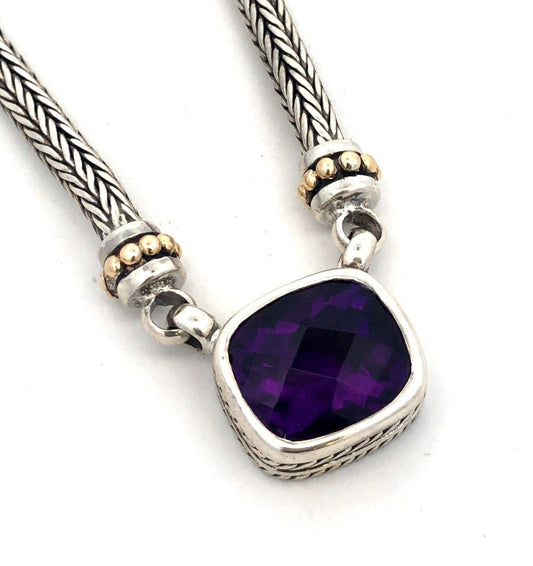 Samuel Benham BJC 925 Sterling Silver 18K Gold Cushion Amethyst Necklace