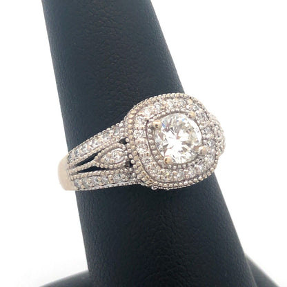 14k White Gold Diamond Engagement Ring with Diamond Halo