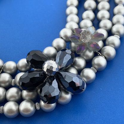 Fabulous Silver Tone Gray Faux Pearl Crystal Lucite 4 Strand Choker Necklace
