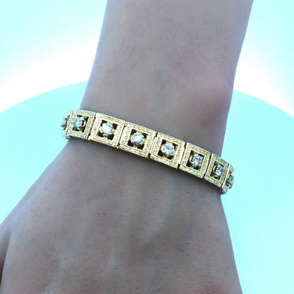 Designer 14K Yellow Gold Round Diamond Square Openwork Panel Tennis Bracelet