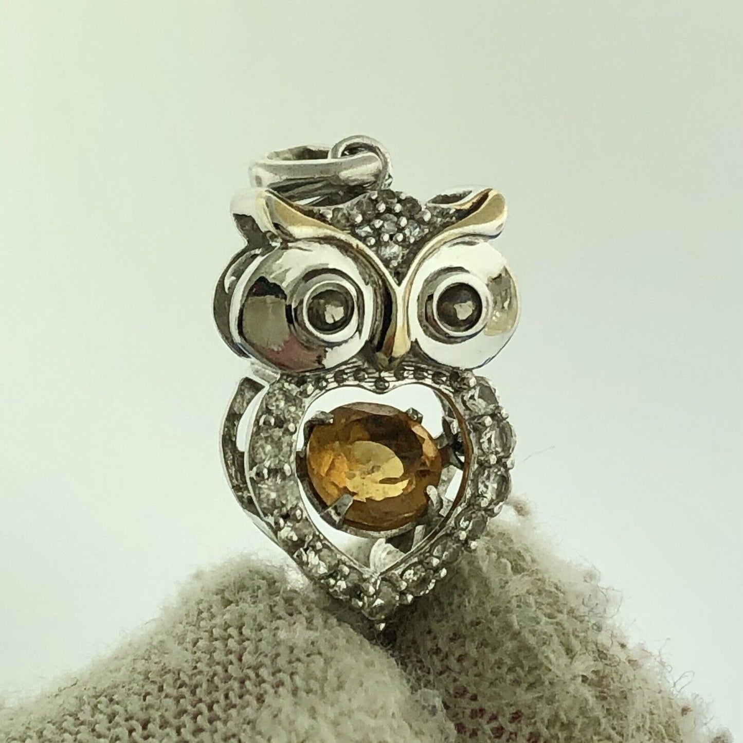 Retro JWBR 925 Sterling Silver 14K GP Citrine Diamond Owl Wisdom Charm Pendant