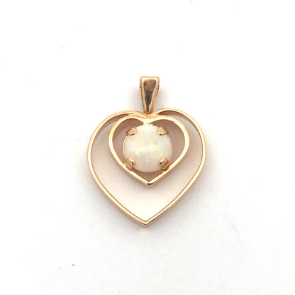 Designer 14K Yellow Gold Round Opal Open Work Double Heart Pendant