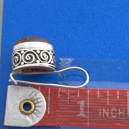 925 Sterling Silver Oval Amber Cabochon Balinese Style Drop Hook Earrings