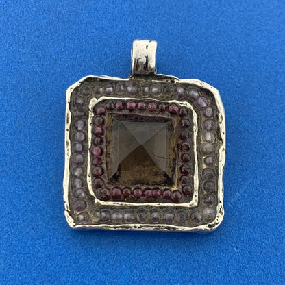 Artisan Hand Cast Sterling Silver Smoky Quartz Amethyst Free Form Square Pendant