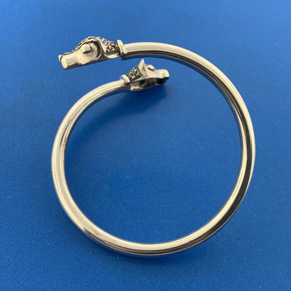 Art Deco Sterling Silver Marcasite Double Devil Dog Head Bypass Cuff Bracelet