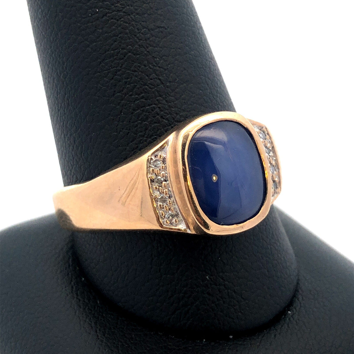 Vintage 10K Yellow Gold Blue Star Sapphire Diamond Unisex Statement Ring