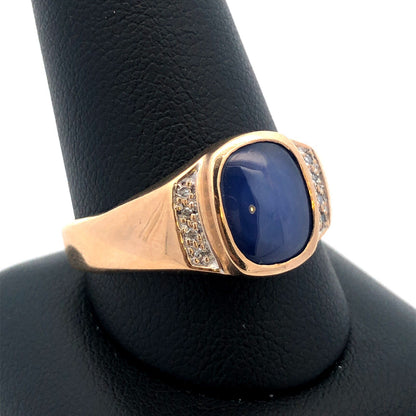Vintage 10K Yellow Gold Blue Star Sapphire Diamond Unisex Statement Ring