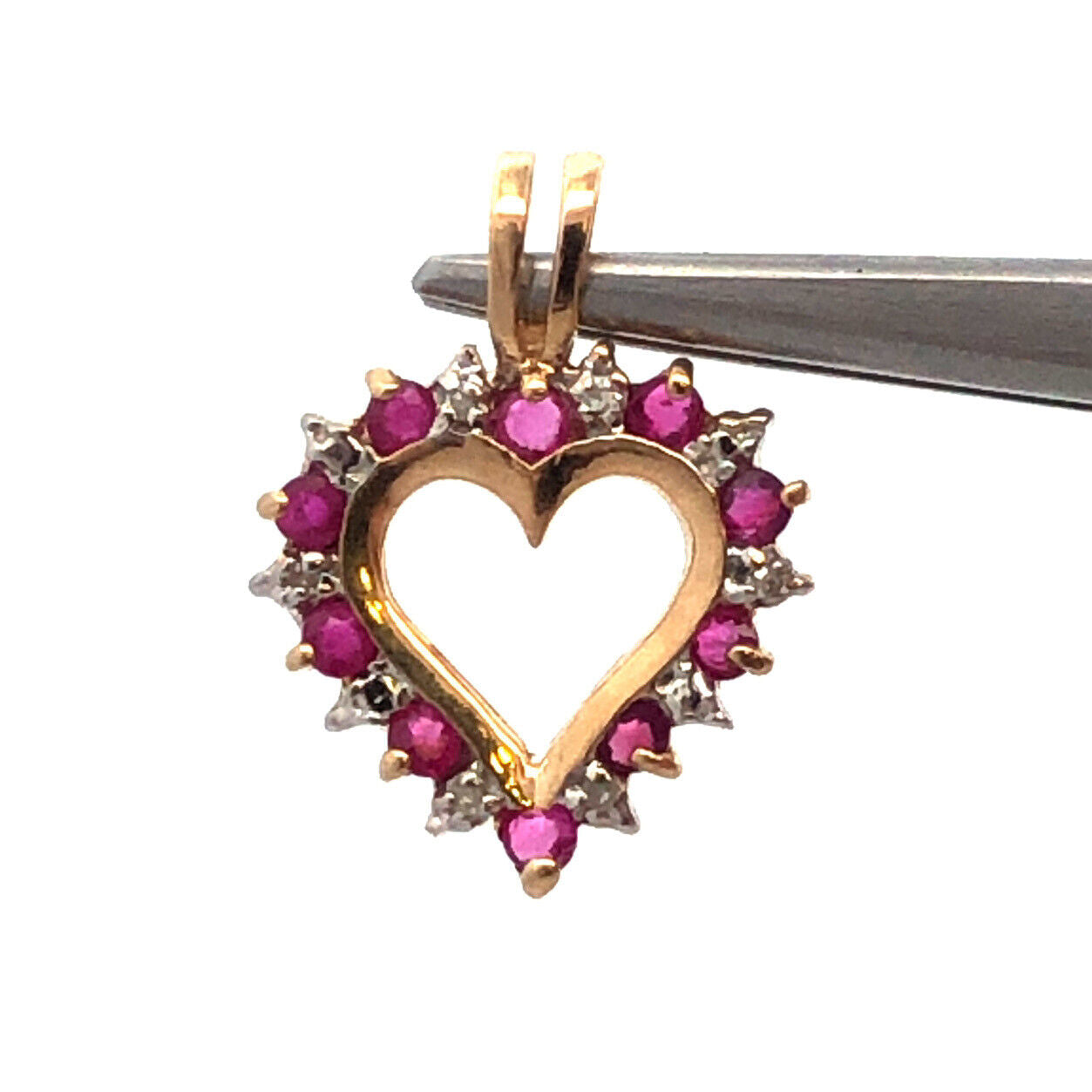 Designer CCC 10K Yellow Gold Round Ruby Diamond Cutout Love Heart Petite Pendant