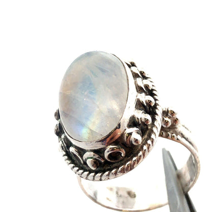 Vintage 925 Sterling Silver Oval Cabochon Rainbow Moonstone Statement Dome Ring