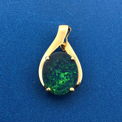 Gorgeous 18k Yellow Gold Cabochon Oval Black Opal Modernist Necklace Pendant