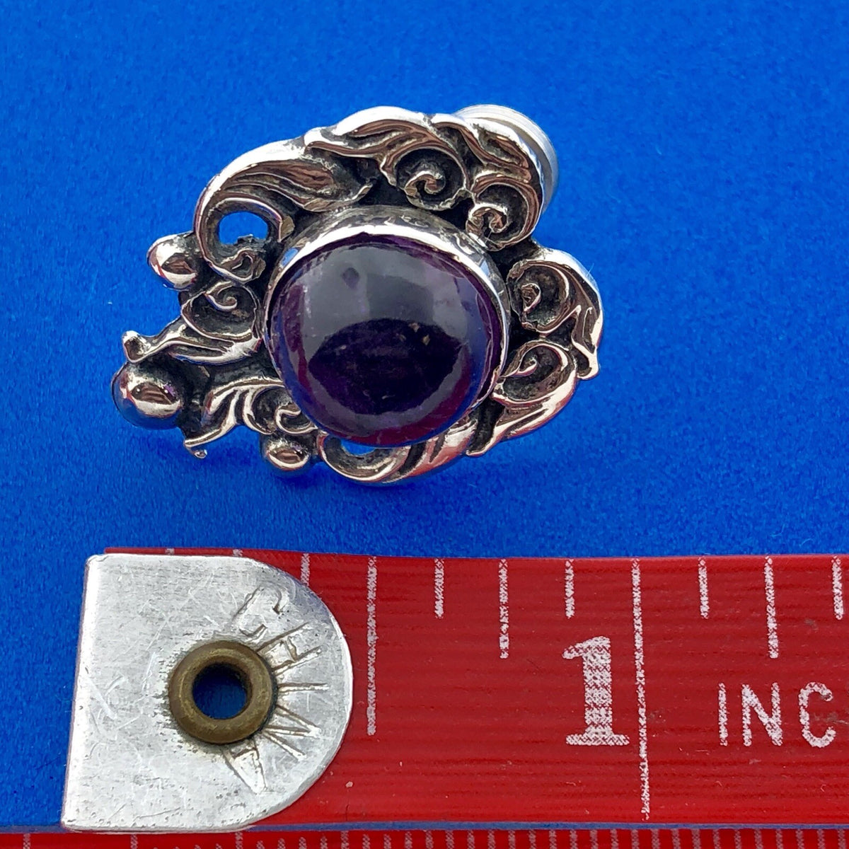 Taxco Ca 1940's ProSa Sterling Silver 925 Amethyst Ornate Screw Back Earrings