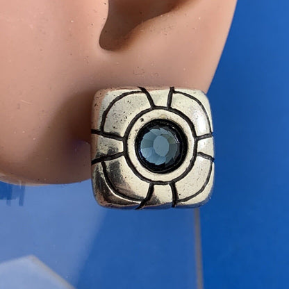 Vintage Modern Square 925 Sterling Silver Blue Glass Clip-On Earrings