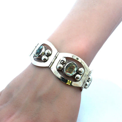 Vintage Taxco 925 Sterling Silver Oval Abalone Cabochon Statement Panel Bracelet