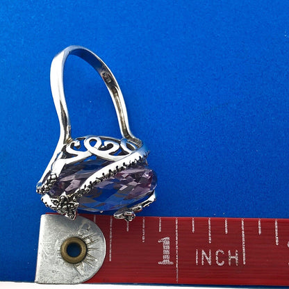 Designer SMJ Sterling Silver 925 Amethyst February Floral Bypass Ring Size 8.25