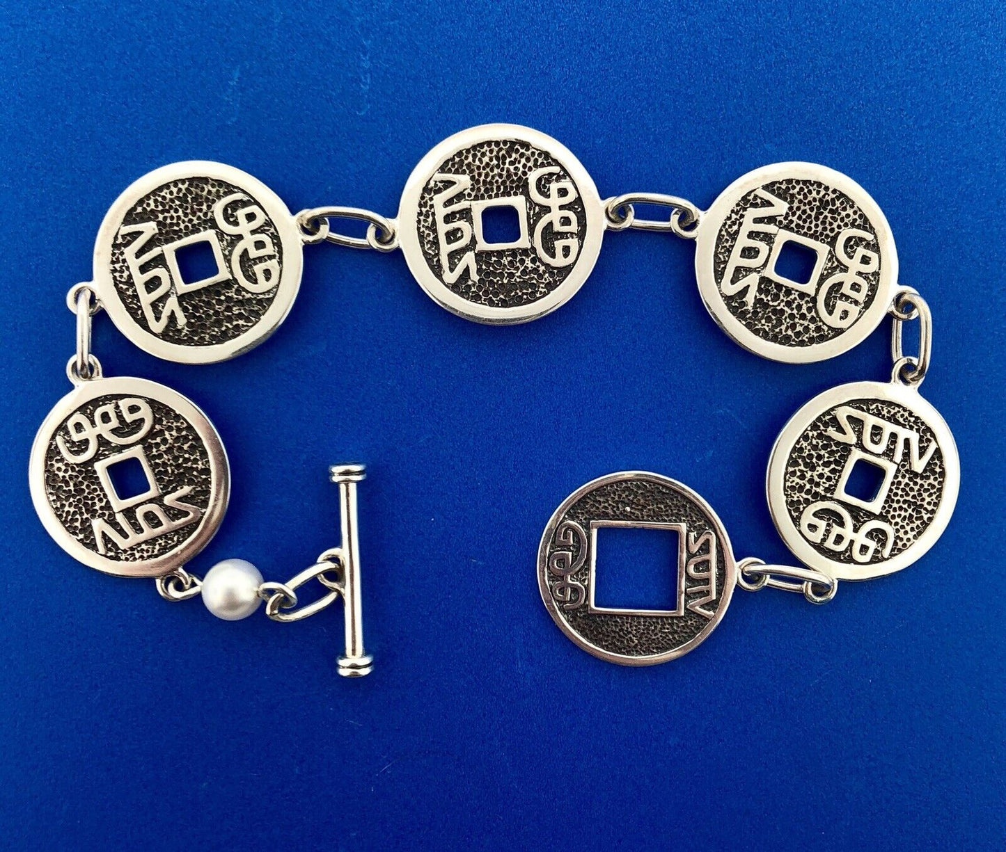 Designer Sterling Silver 925 Chinese Character Disc Panel Link Toggle Bracelet