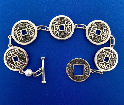 Designer Sterling Silver 925 Chinese Character Disc Panel Link Toggle Bracelet