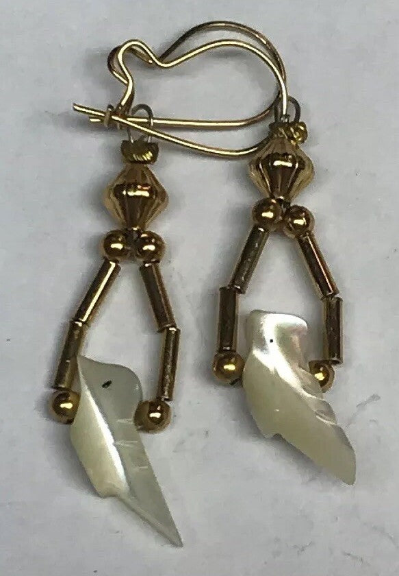 Vintage Gold Toned Mother Of Pearl Bird Drop Dangle Bead Earrings